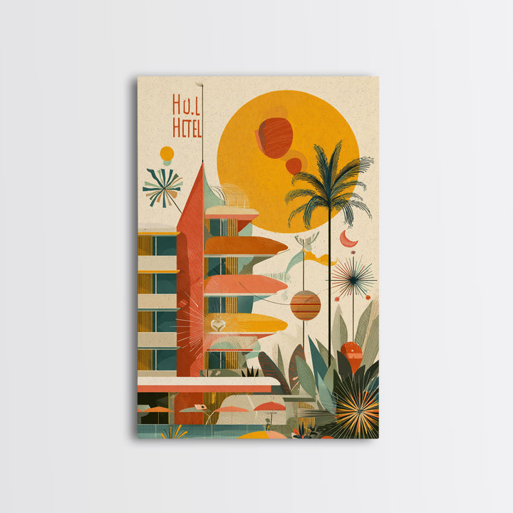 Atomic Hotel With Palms And Sun Canvas Print, Midcentury Modern Wall Art, Retro Palm Springs Poster, Tropical MCM Home Decor