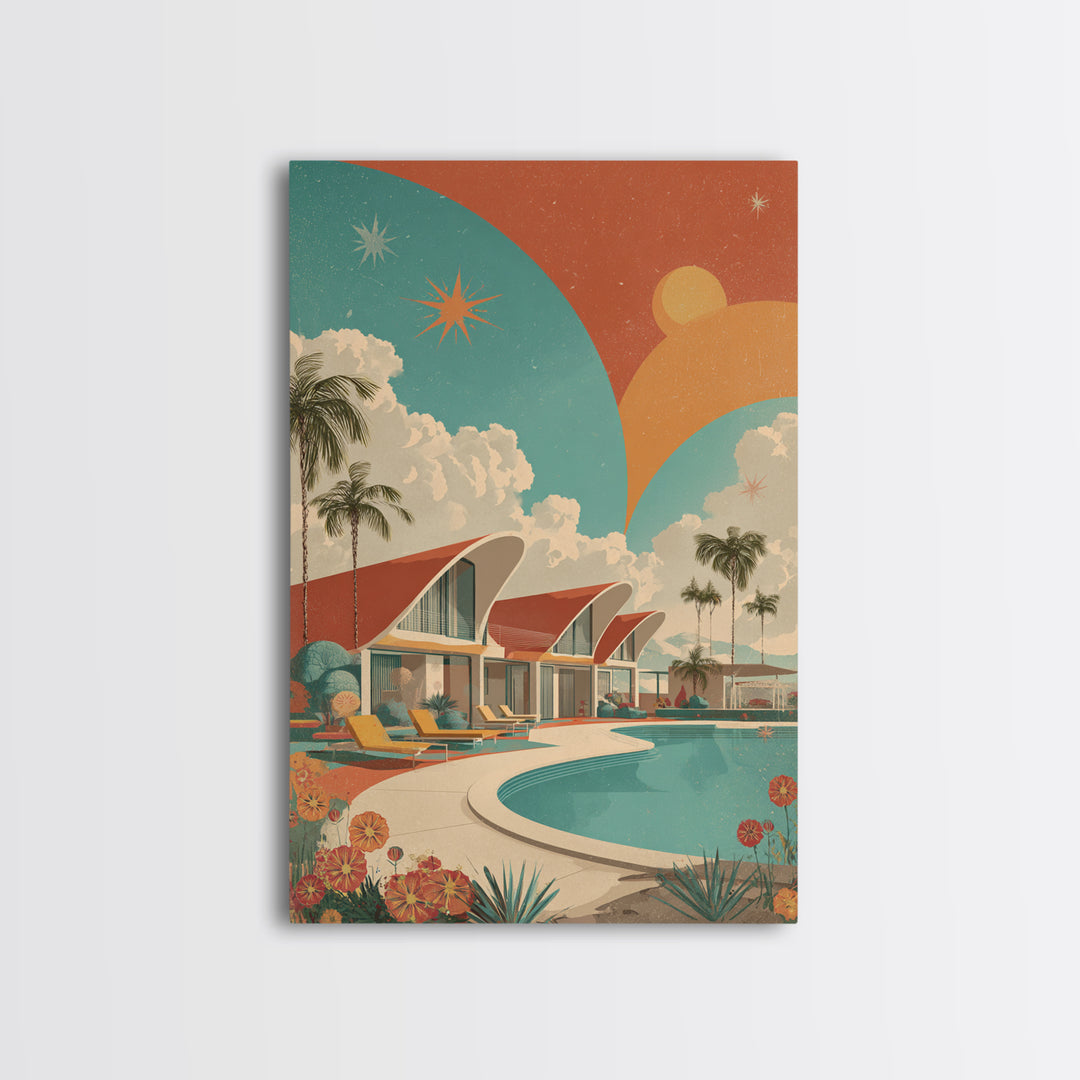 Retro Palm Springs Pool Homes Framed Canvas Print, Midcentury Modern Wall Art, Atomic Ranch Decor, Tropical Sunset Poster