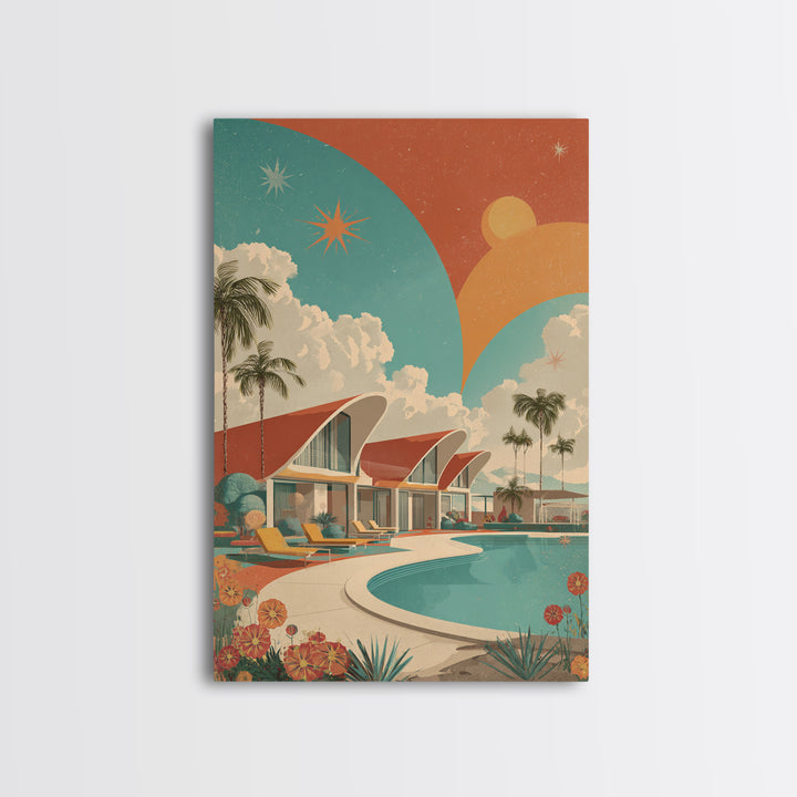 Retro Palm Springs Pool Homes Framed Canvas Print, Midcentury Modern Wall Art, Atomic Ranch Decor, Tropical Sunset Poster