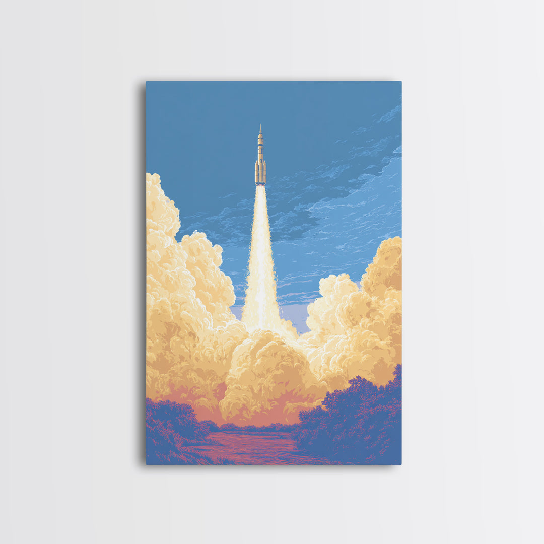 Rocket Launch Through Golden Clouds Wall Art, Retro Space Poster, Sci Fi Wall Decor, Modern Art Print For Office And Man Cave