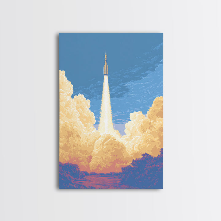Rocket Launch Through Golden Clouds Wall Art, Retro Space Poster, Sci Fi Wall Decor, Modern Art Print For Office And Man Cave