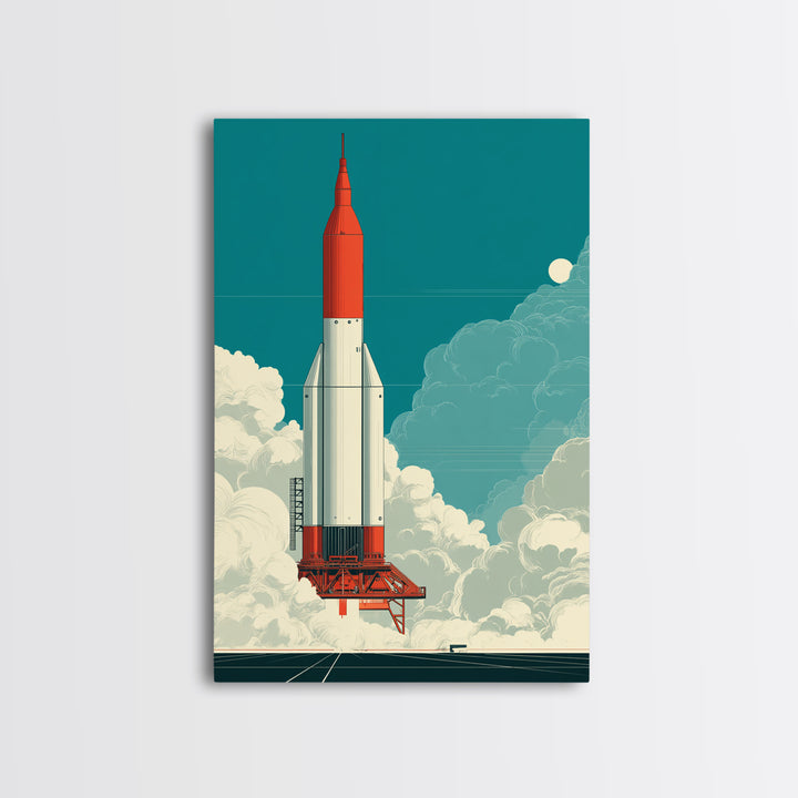 Red Rocket Lift Off In Teal Sky Canvas Print, Retro Space Wall Art, Midcentury Modern Sci Fi Poster, Boys Room Decor Gift
