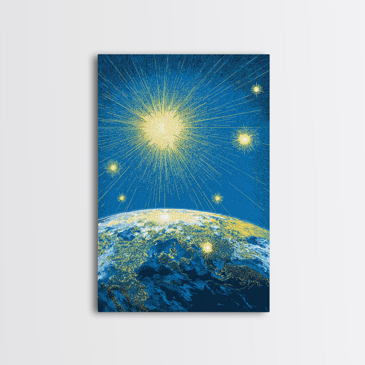 Radiant Earth Horizon Starfield Canvas Print, Midcentury Modern Space Art, Retro Sci Fi Poster, Blue Living Room Decor Gift