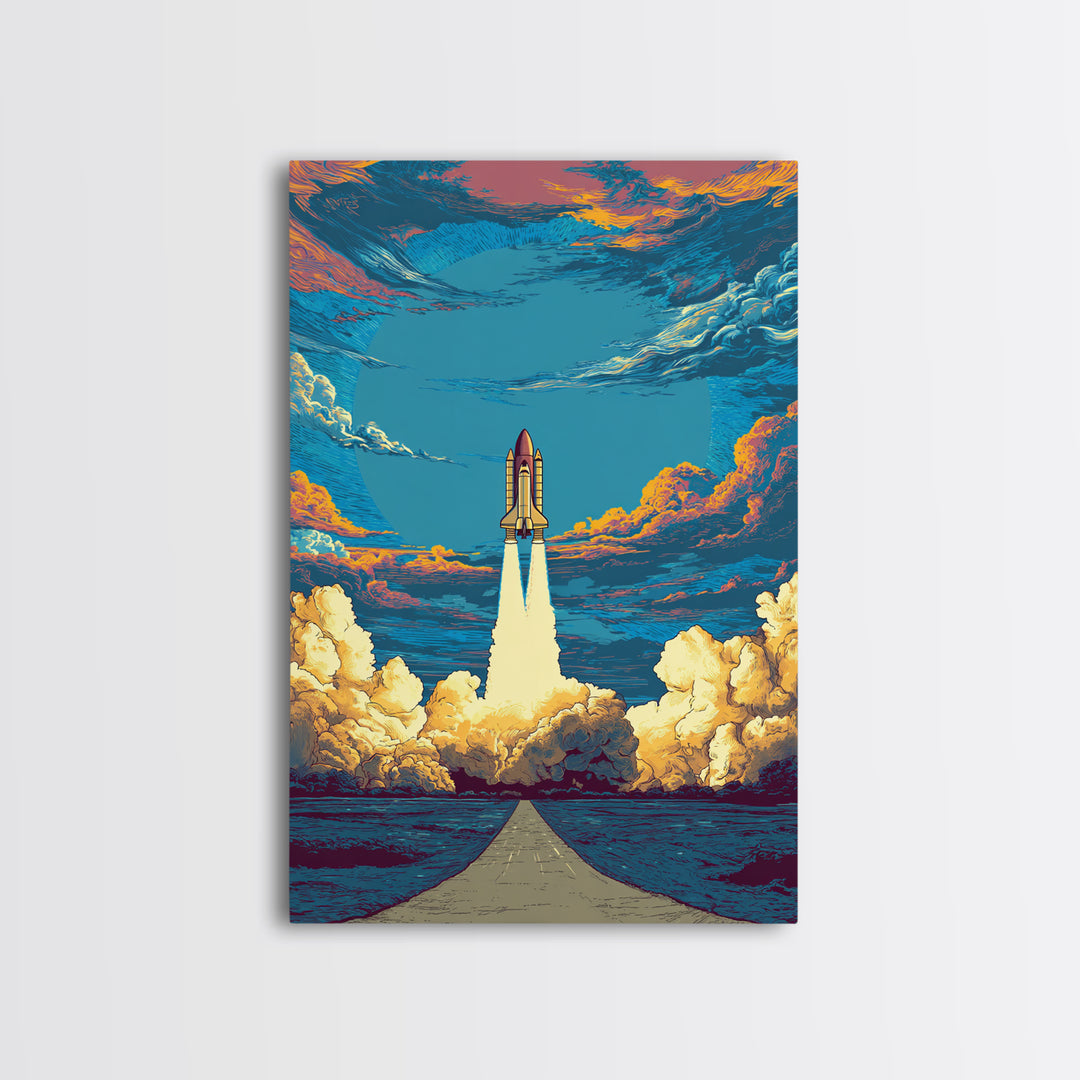 Space Shuttle Rising Over Ocean Road Framed Canvas Print, Retro Sci Fi Wall Art, Modern Space Poster, Dramatic Cloud Decor