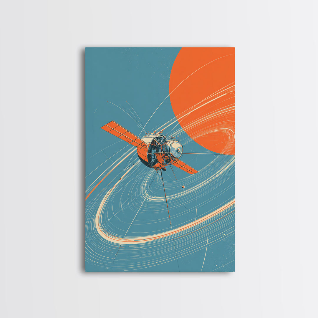 Retro Satellite With Orange Sun, Cosmic Orbit Wall Art, Mid Century Modern Space Poster, Sci Fi Decor, MCM Home Print Gift