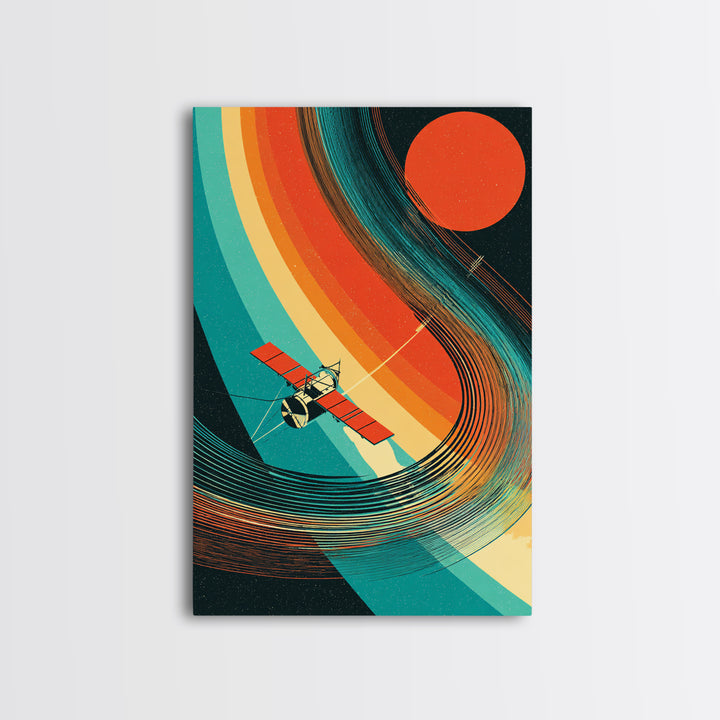 Satellite By Rainbow Planetary Rings, Red Sun Canvas Print, Retro Sci Fi Space Poster, Mid Century Modern Wall Decor Gift