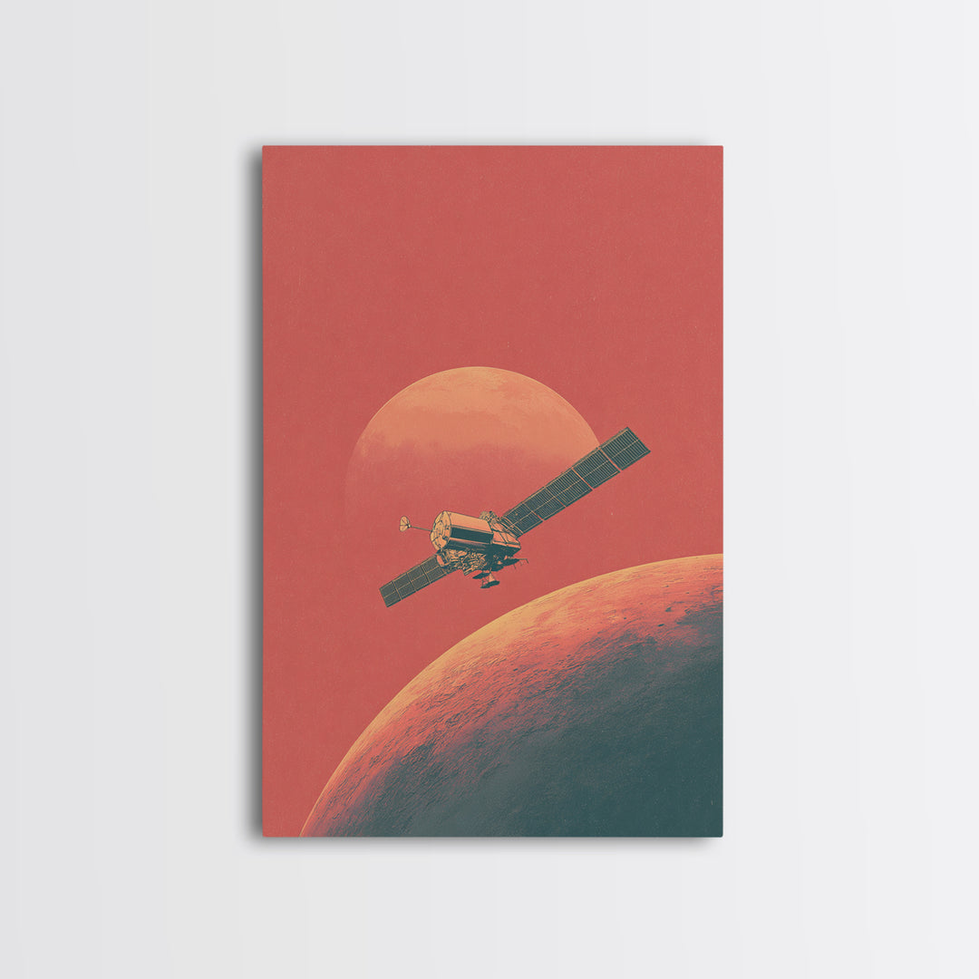 Coral Mars Satellite Over Desert Planet Canvas Print, Minimal Retro Space Poster, Mid Century Modern Home Office Decor Gift