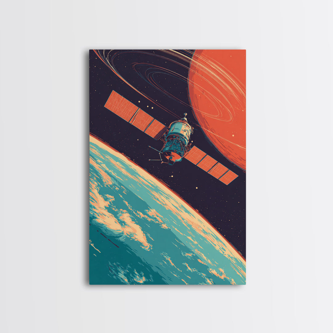 Satellite Orbiting Earth With Ringed Red Planet Framed Canvas Print, Retro Space Poster, Mid Century Modern Wall Decor Gift