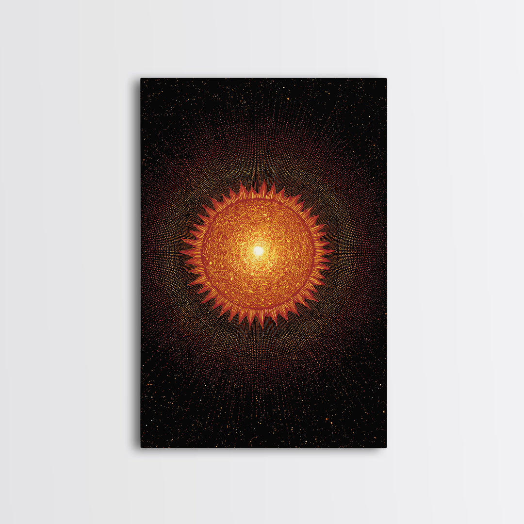 Fiery Abstract Sun Mandala On Black Wall Art, Cosmic Retro Poster, Mid Century Modern Decor, Orange Celestial Print Gift