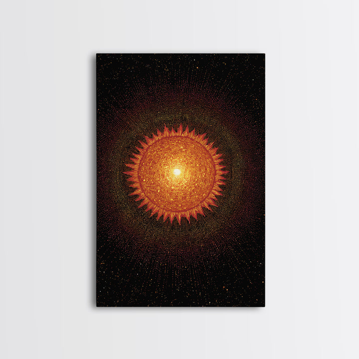 Fiery Abstract Sun Mandala On Black Wall Art, Cosmic Retro Poster, Mid Century Modern Decor, Orange Celestial Print Gift