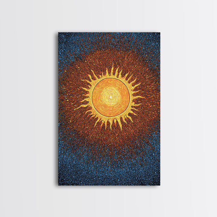 Radiant Orange Sunburst With Blue Texture Canvas Print, Cosmic Wall Art, Mid Century Modern Poster, Groovy Retro Decor Gift