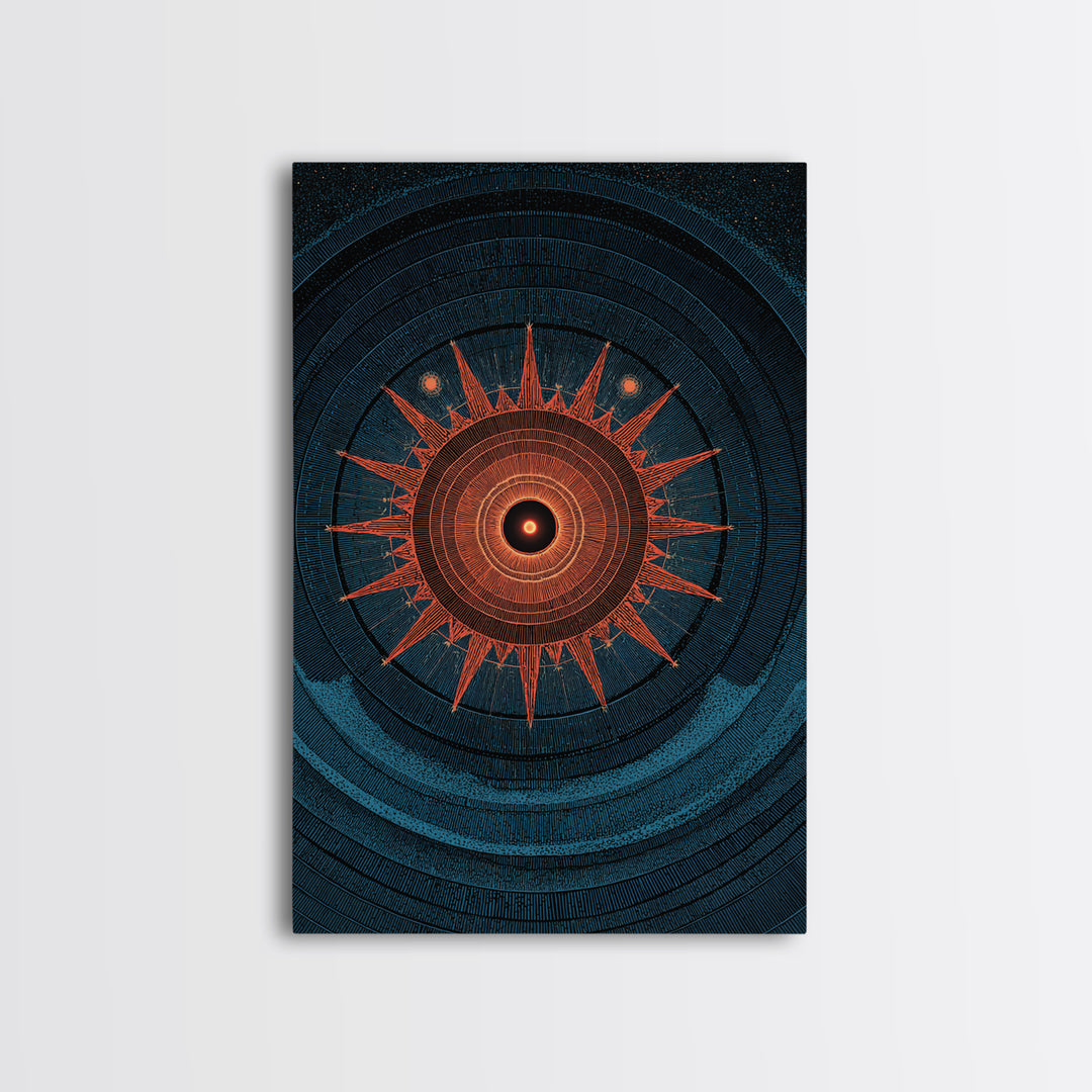 Mystic Solar Eclipse Compass Mandala Wall Art, Retro Sci Fi Poster, Modern Abstract Art Print, Teal Orange MCM Decor Gift