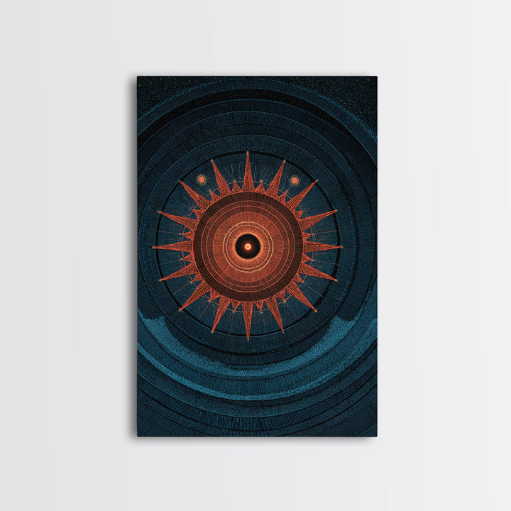 Mystic Solar Eclipse Compass Mandala Wall Art, Retro Sci Fi Poster, Modern Abstract Art Print, Teal Orange MCM Decor Gift