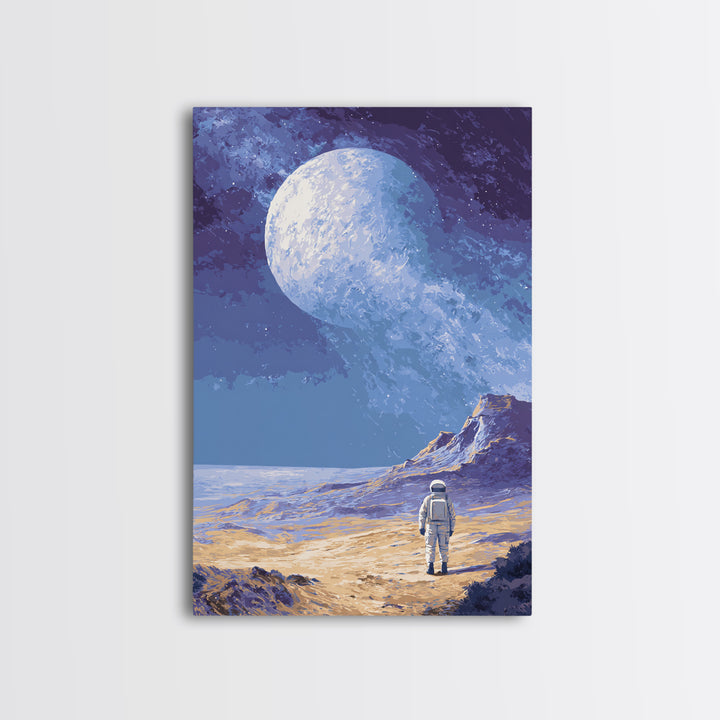 Lonely Astronaut On Icy Moon Wall Art, Retro Sci Fi Space Poster, Blue Planet Landscape, Modern MCM Room Decor Print Gift