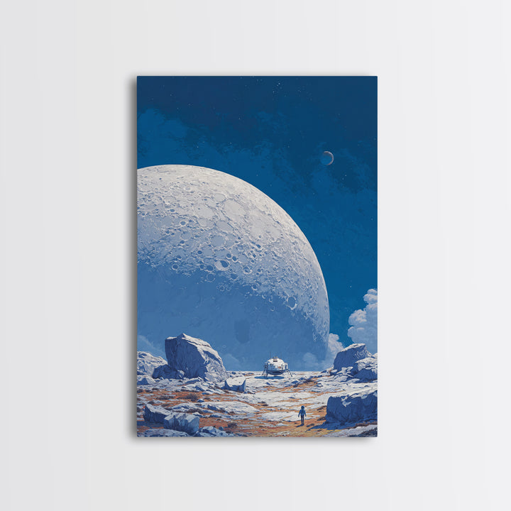 Blue Lunar Base With Astronaut Wall Art, Giant Moon Sci Fi Poster, Modern Space Landscape, Retro Futuristic Room Decor Print