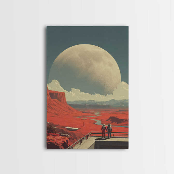 Red Mars Desert Astronauts Framed Canvas Print, Giant Moon Space Poster, Retro Sci Fi Landscape, Midcentury Modern Decor
