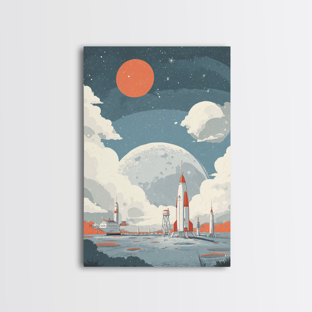 Retro Rocket Spaceport In Clouds Canvas Print, Moon Colony Wall Art Poster, Midcentury Modern Sci Fi Nursery Room Decor Print