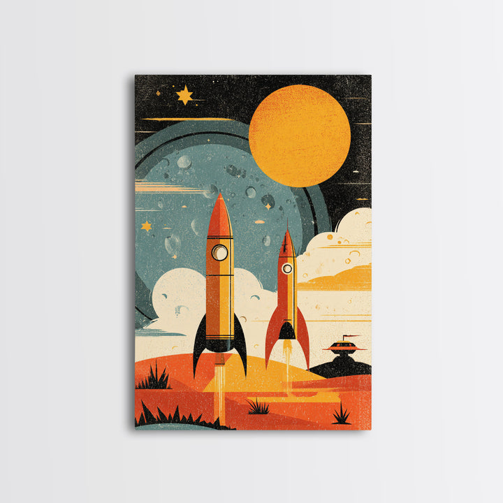 Orange Atomic Rockets And Sun Wall Art, Retro Space Age Poster, Midcentury Modern Sci Fi Decor, Bold MCM Canvas Print Gift