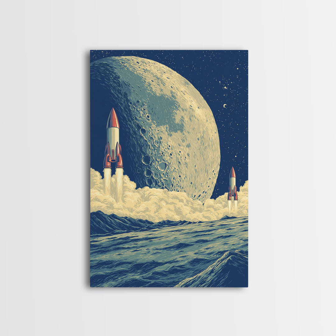 Rockets Launch From Lunar Waves Canvas Print, Giant Moon Sci Fi Poster, Retro Futuristic Wall Art, Space Age Room Decor Print