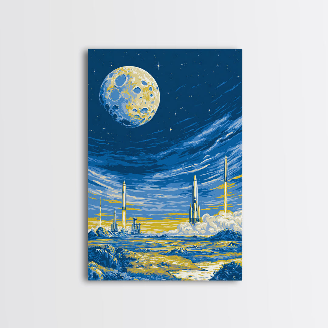 Blue Moon Rocket Colony Wall Art, Yellow Lunar Landscape Poster, Retro Sci Fi Space Decor, Midcentury Modern Room Print Gift