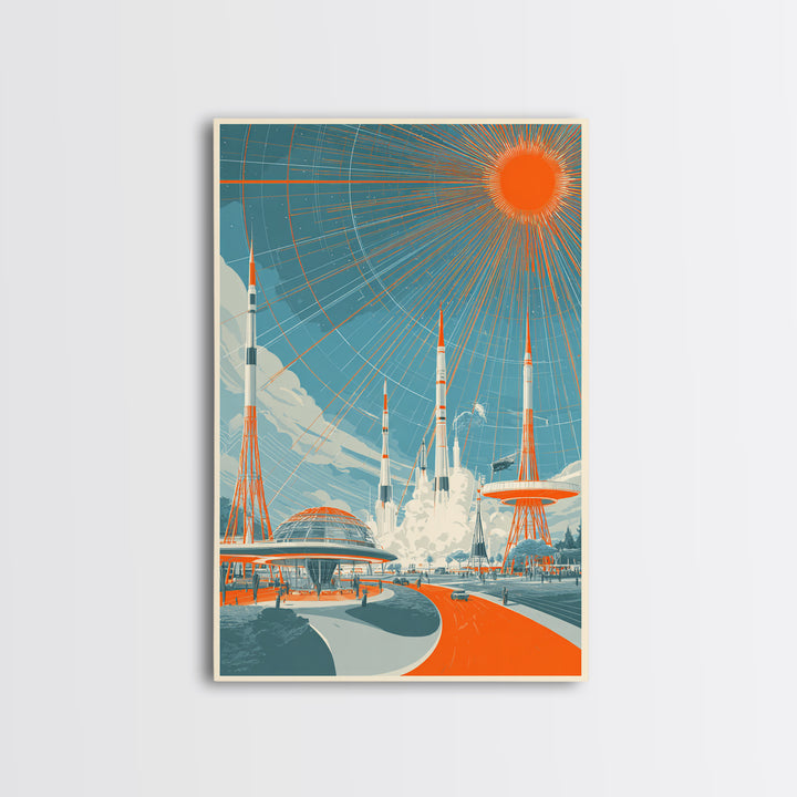 Retro Futuristic Rocket City Wall Art, Orange Sun Spaceport Poster, Midcentury Modern Sci Fi Decor, Atomic Ranch Print Gift