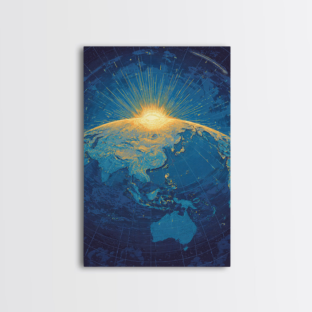 Golden Sunrise Over Earth Canvas Print, Midcentury Modern Map Art, Blue Space Poster, Retro Travel Office Wall Decor Gift
