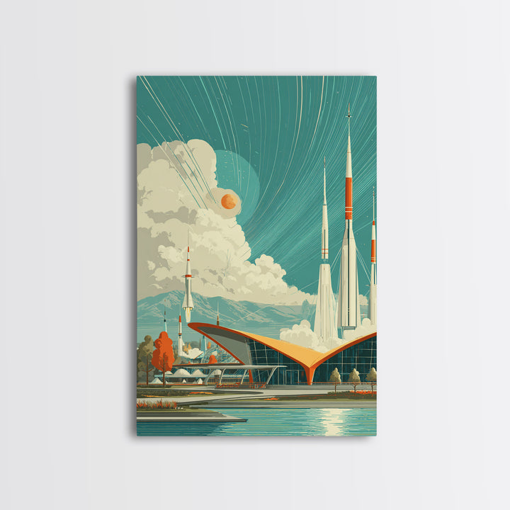 Retro Futuristic Rocket Spaceport With Teal Sky Wall Art, Mid Century Modern Sci Fi Poster, Atomic MCM Space Decor Print
