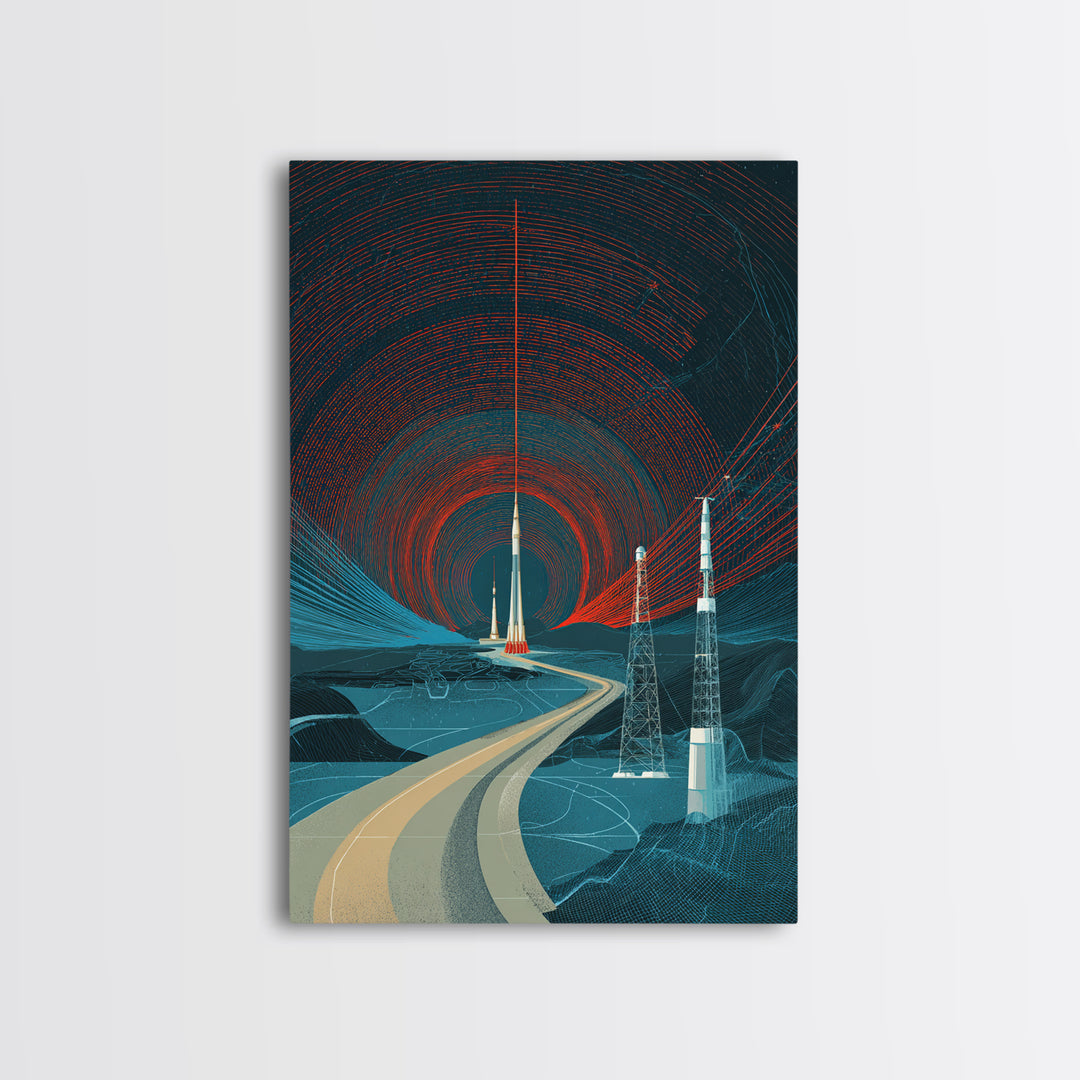 Desert Road To Rocket Launch Wall Art, Mid Century Modern Sci Fi Poster, Retro Space Travel Print, Atomic MCM Home Decor