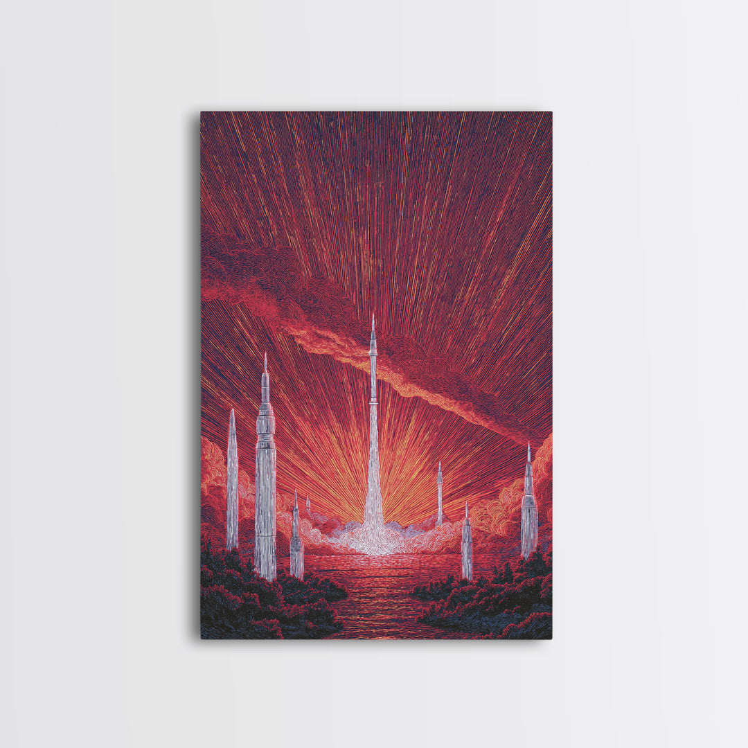 Fiery Red Rocket City At Sunrise Wall Art, Mid Century Modern Sci Fi Poster, Atomic Space Landscape, Retro MCM Decor Print