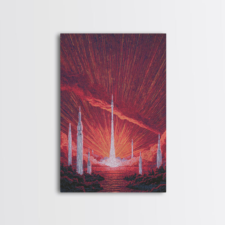 Fiery Red Rocket City At Sunrise Wall Art, Mid Century Modern Sci Fi Poster, Atomic Space Landscape, Retro MCM Decor Print