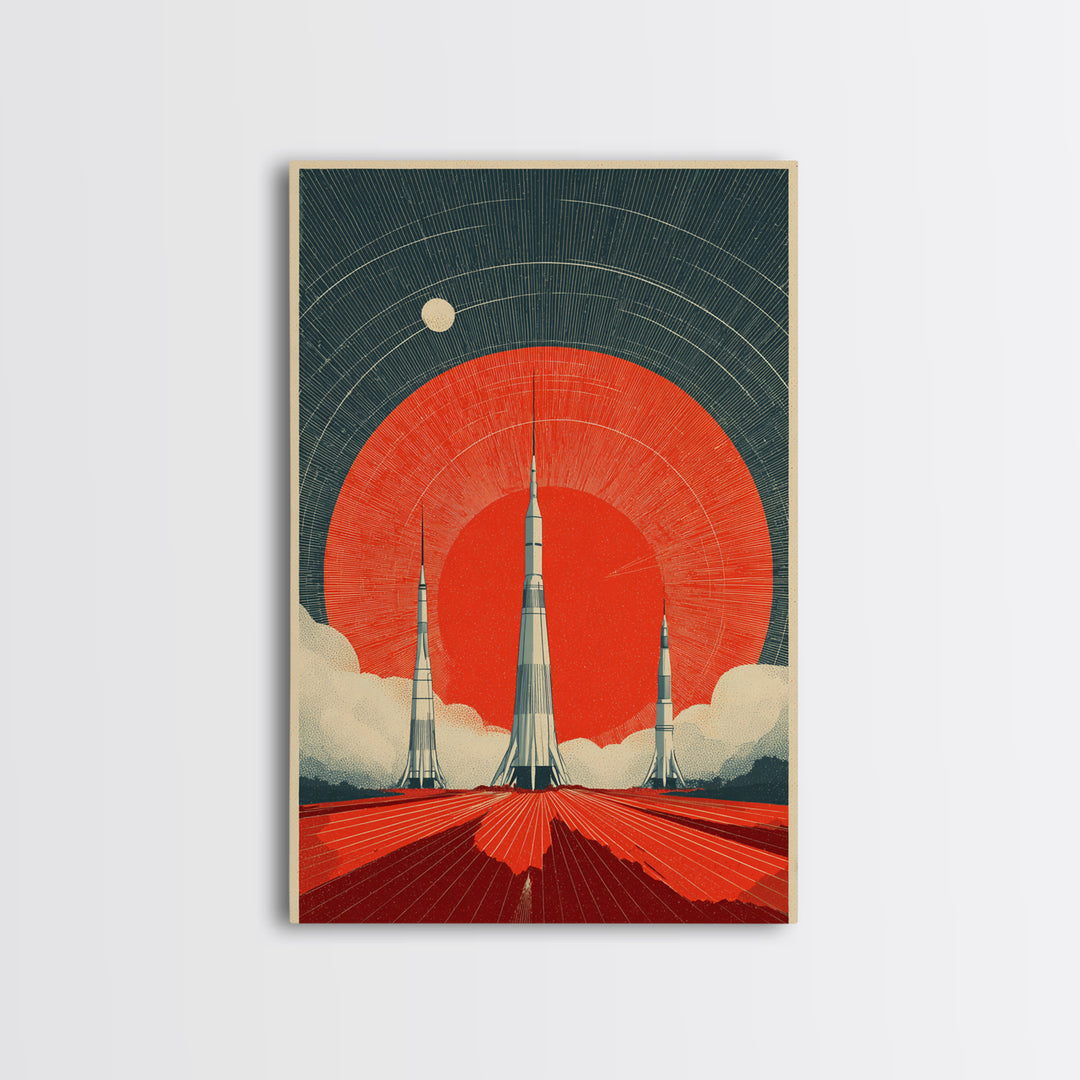 Giant Red Sun Rocket Launch Canvas Print, Mid Century Modern Sci Fi Poster, Atomic Space Art, Retro MCM Wall Decor Print