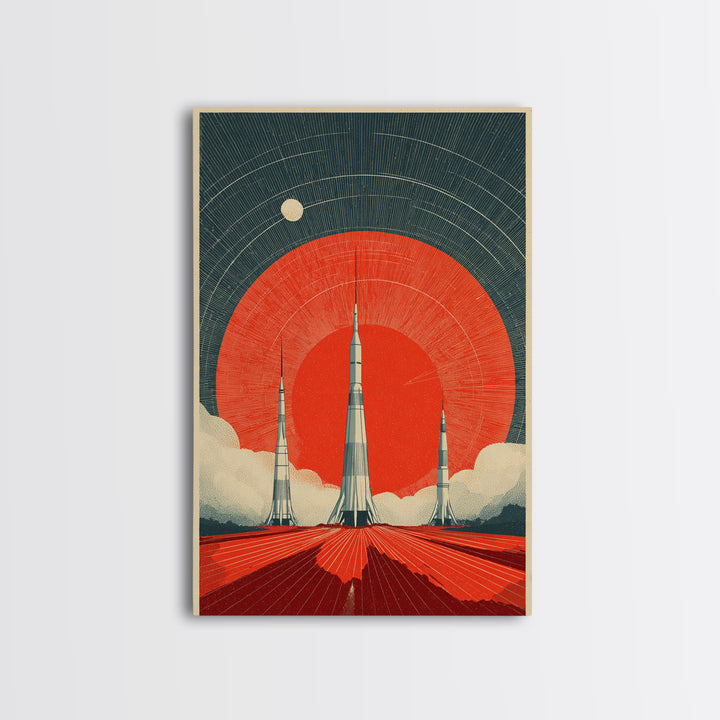 Giant Red Sun Rocket Launch Canvas Print, Mid Century Modern Sci Fi Poster, Atomic Space Art, Retro MCM Wall Decor Print