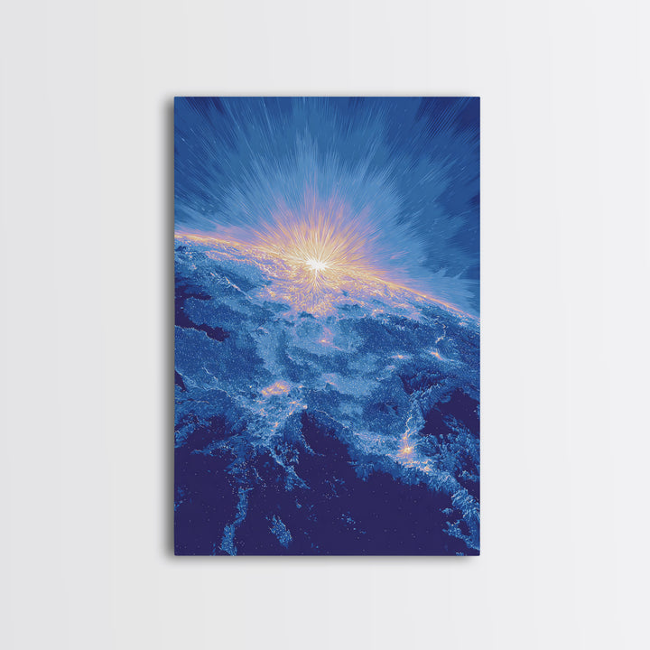 Blue Cosmic Earth Sunrise Framed Canvas Print, Modern Abstract Space Art, Midcentury Poster, Galaxy Home Office Decor Gift