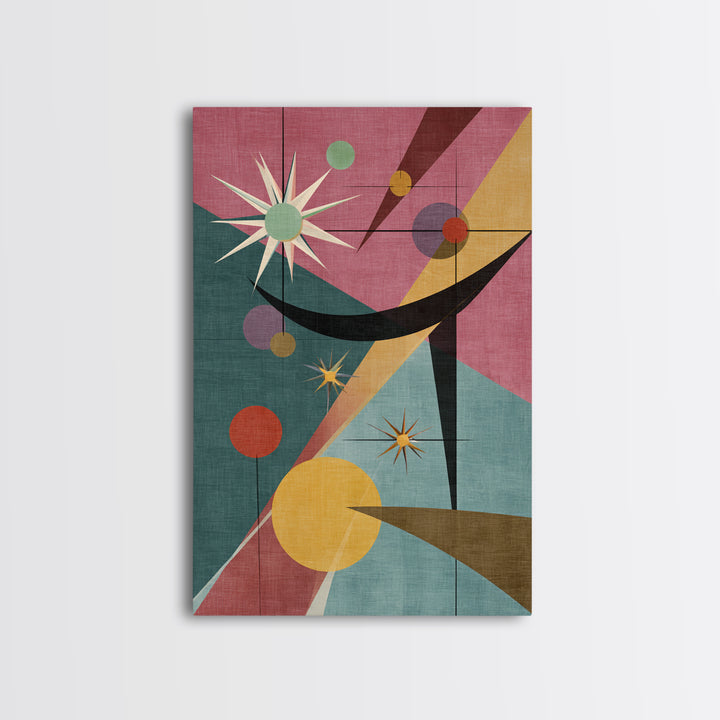 Pink Teal Atomic Starburst Abstract Wall Art, Mid Century Modern Poster, Retro Geometric MCM Living Room Decor Print Gift