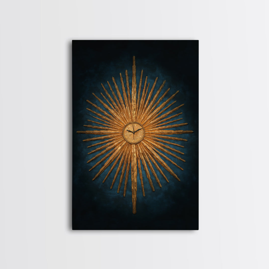Golden Sunburst Clock On Moody Blue Wall Art, Mid Century Modern Decor, MCM Wall Decor, Atomic Retro Art Print, Home Decor