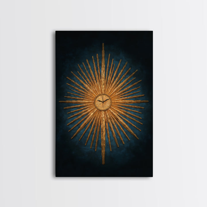 Golden Sunburst Clock On Moody Blue Wall Art, Mid Century Modern Decor, MCM Wall Decor, Atomic Retro Art Print, Home Decor