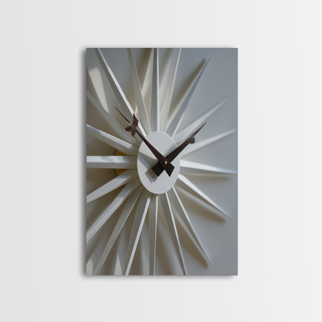 Minimal White Sunburst Clock Framed Canvas Print, Mid Century Modern Decor, Geometric Wall Art, Scandinavian Modern, MCM Artwork