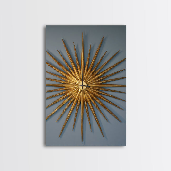 Gold Atomic Sunburst Clock On Blue Wall Art, Mid Century Modern Decor, MCM Wall Art, Retro Wall Decor, Modern Home Art Print