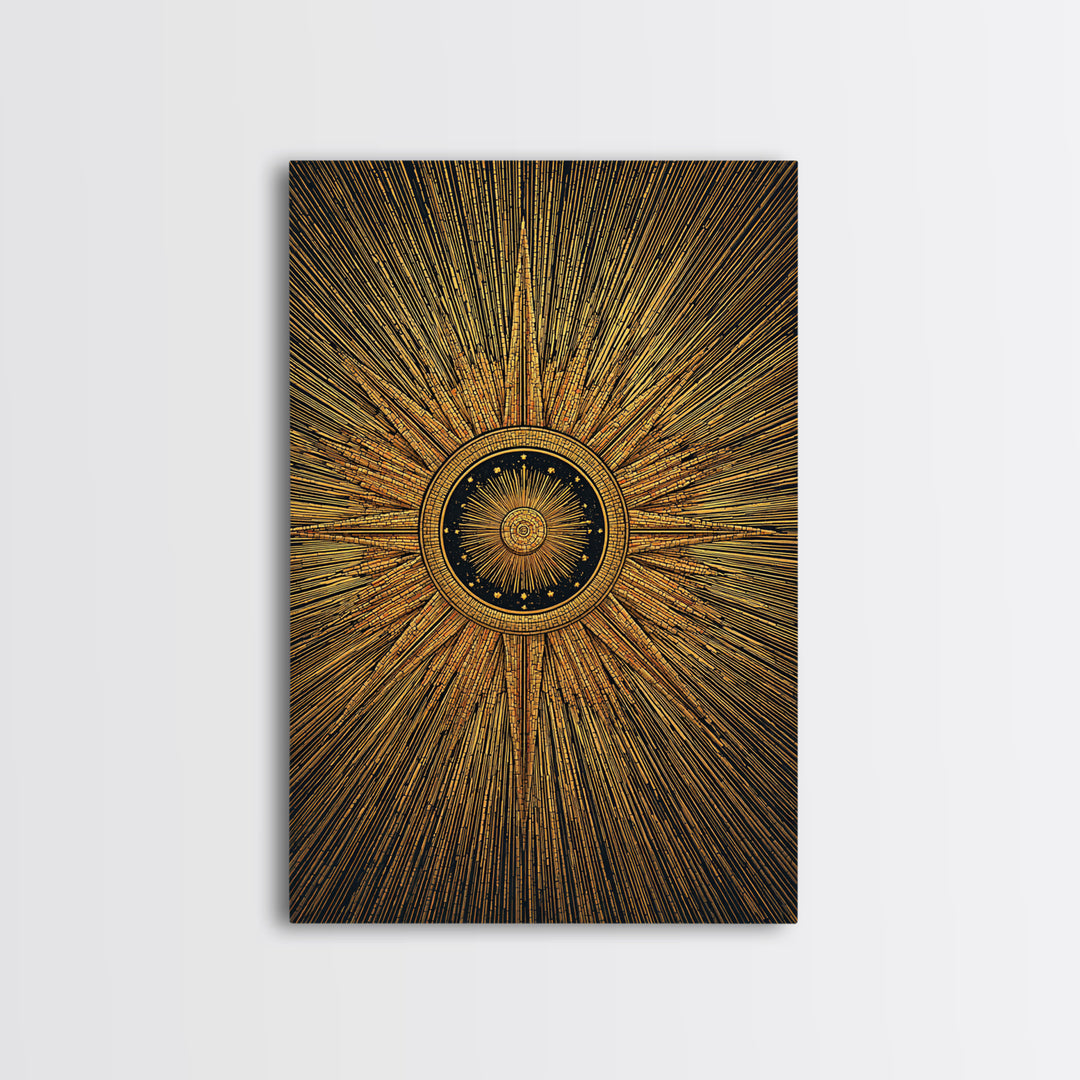 Ornate Gold Sunburst Clock Canvas Print, Midcentury Modern Art, Geometric Art Deco, Atomic Retro Wall Art, Statement Wall Decor