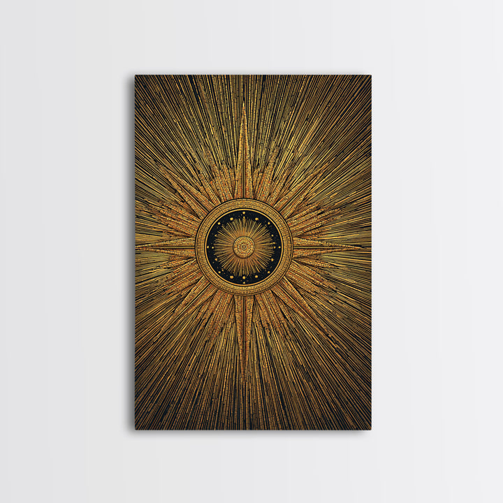 Ornate Gold Sunburst Clock Canvas Print, Midcentury Modern Art, Geometric Art Deco, Atomic Retro Wall Art, Statement Wall Decor