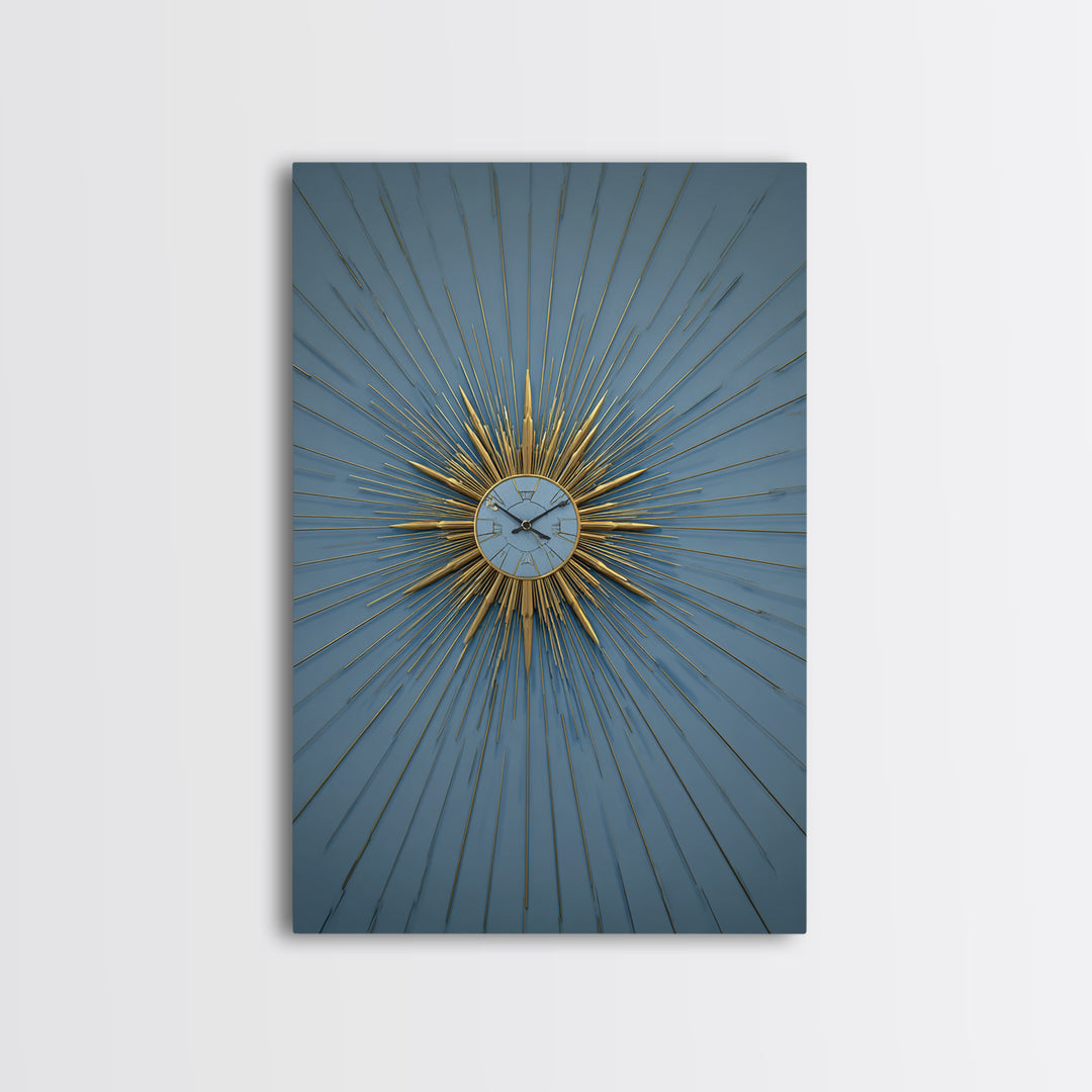 Blue And Gold Starburst Clock Framed Canvas Print, Mid Century Modern Decor, Atomic Wall Art, MCM Artwork, Large Canvas Print