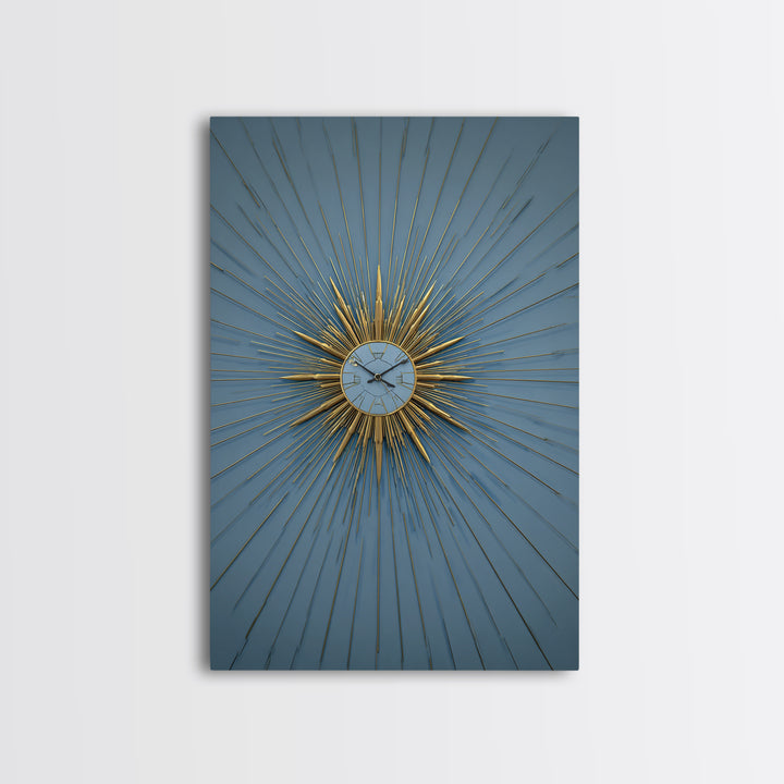 Blue And Gold Starburst Clock Framed Canvas Print, Mid Century Modern Decor, Atomic Wall Art, MCM Artwork, Large Canvas Print