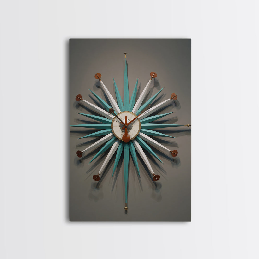 Teal White Atomic Starburst Clock Wall Art, Mid Century Modern Decor, Retro Wall Decor, Geometric Art Print, MCM Home Decor