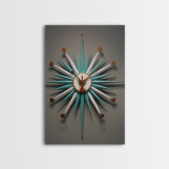 Teal White Atomic Starburst Clock Wall Art, Mid Century Modern Decor, Retro Wall Decor, Geometric Art Print, MCM Home Decor