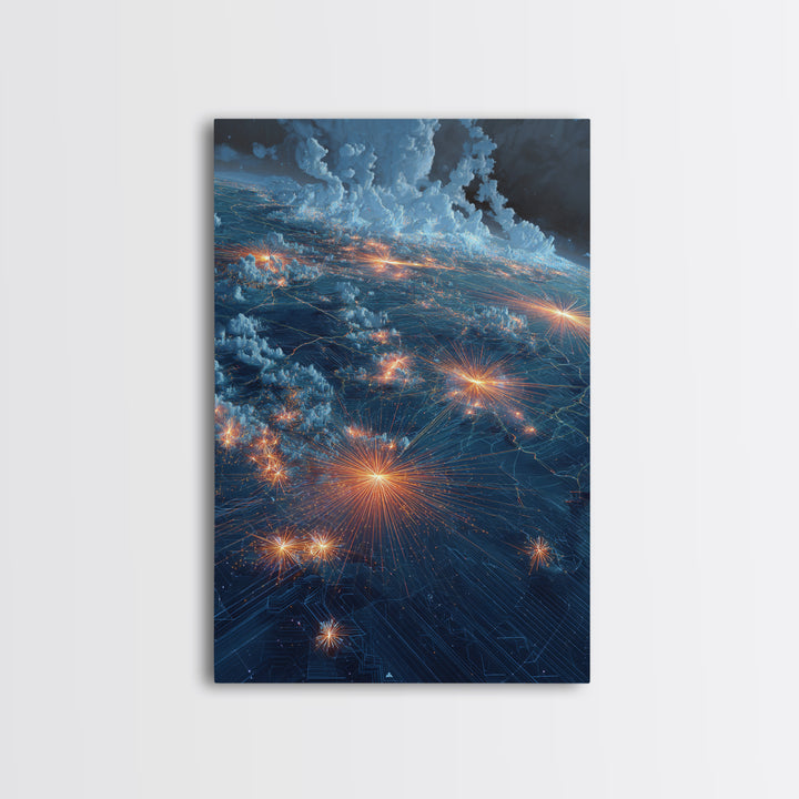 Stormy Earth Lights From Orbit Wall Art, Modern Abstract Space Print, Sci Fi City Map Poster, Blue Office Living Room Decor Gift