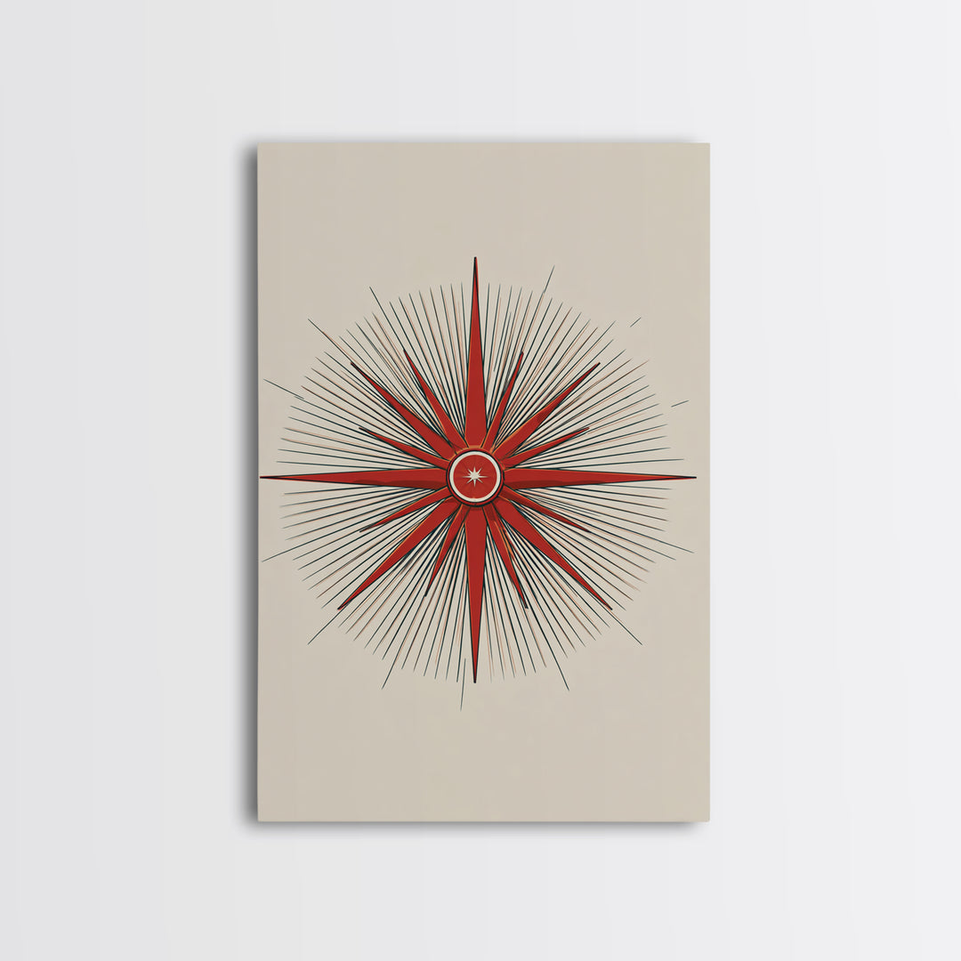 Red Compass Starburst Abstract Canvas Print, Mid Century Modern Art, Atomic Retro Poster, Geometric Wall Art, Minimalist Decor
