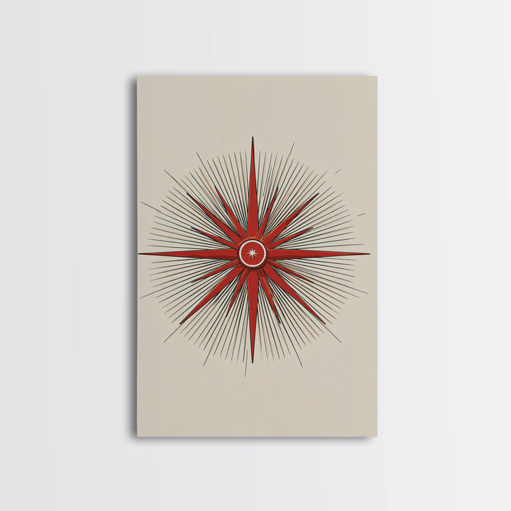 Red Compass Starburst Abstract Canvas Print, Mid Century Modern Art, Atomic Retro Poster, Geometric Wall Art, Minimalist Decor