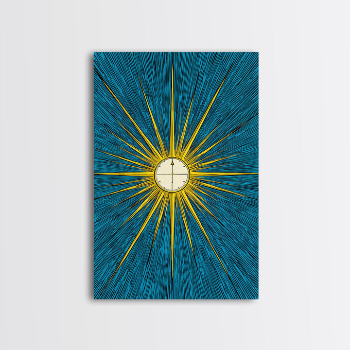 Radiant Atomic Clock Sunburst Wall Art, Midcentury Modern Art Print, Retro Sci Fi Poster, Blue Yellow MCM Decor For Office