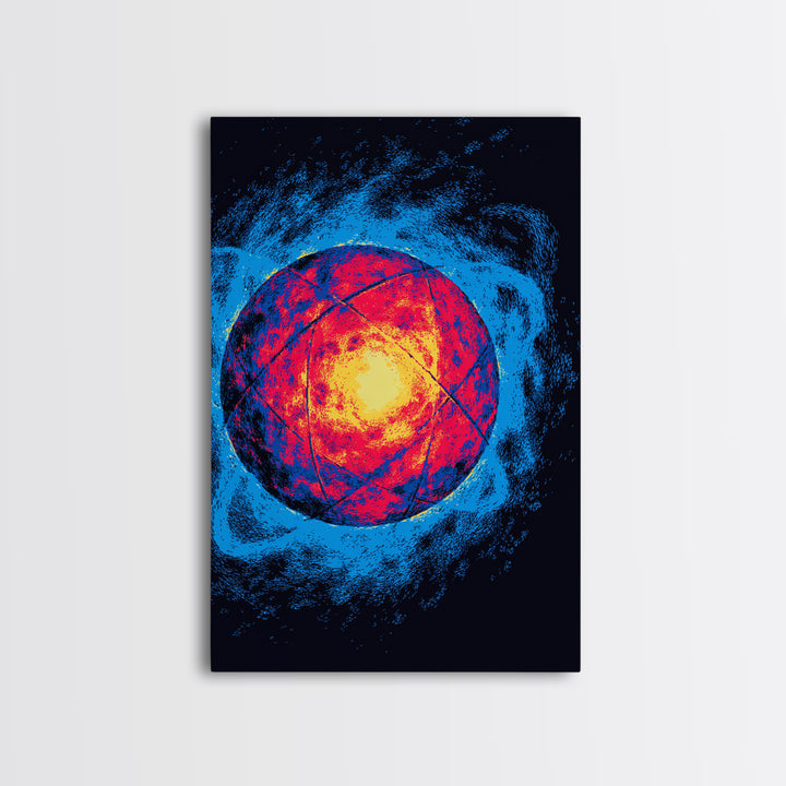 Glowing Quantum Sphere Wall Art, Modern Abstract Art Print, Atomic Retro Poster, Blue Orange Sci Fi Decor For Home Office