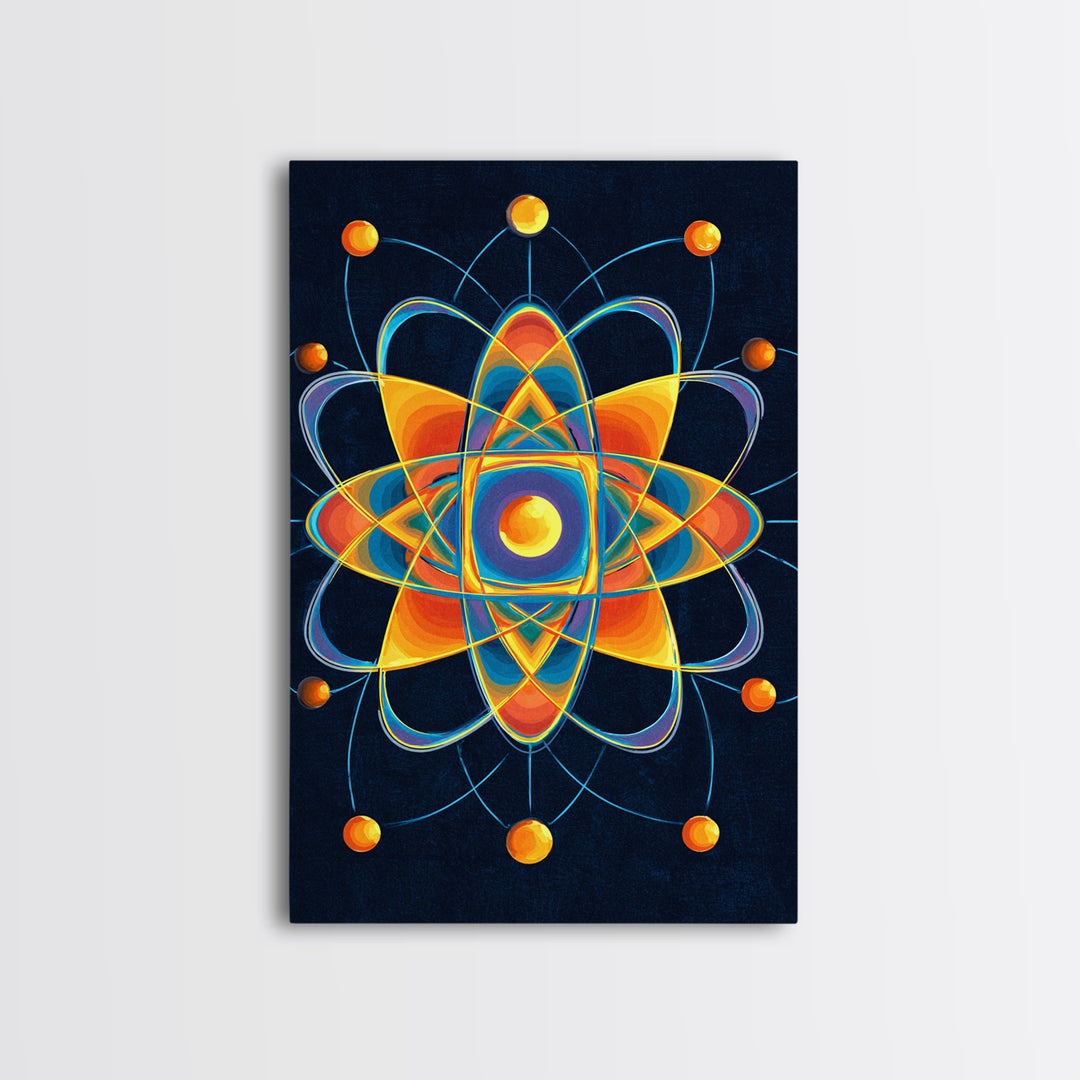 Colorful Atomic Mandala Framed Canvas Print, Midcentury Modern Wall Art, Geometric Sci Fi Poster, Retro Office Decor Gift